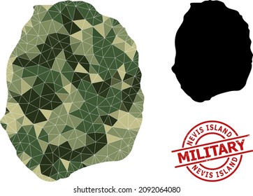 Low-Poly mosaic map of Nevis Island, and unclean military stamp imitation. Low-poly map of Nevis Island combined from random camo color triangles.