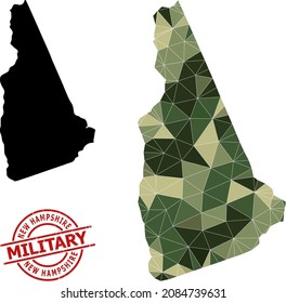 Low-Poly mosaic map of New Hampshire State, and textured military stamp. Low-poly map of New Hampshire State is designed from chaotic camouflage filled triangles.