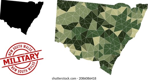 Low-Poly mosaic map of New South Wales, and unclean military stamp. Low-poly map of New South Wales constructed with random khaki filled triangles.