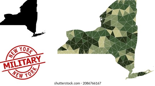 Low-Poly mosaic map of New York State, and unclean military seal. Low-poly map of New York State is constructed from chaotic khaki filled triangles.