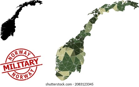 Lowpoly mosaic map of Norway, and textured military stamp imitation. Lowpoly map of Norway combined of scattered camo colored triangles. Red round stamp for military and army abstract illustrations,