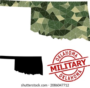 Low-Poly mosaic map of Oklahoma State, and unclean military seal. Low-poly map of Oklahoma State is designed from chaotic camouflage color triangles.
