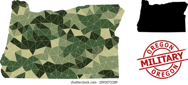 Mapa de mosaicos de bajo contenido de póliza del estado de Oregón y estampado militar grueso. Mapa de polos bajos del estado de Oregón diseñado con triángulos llenos de caqui al azar.