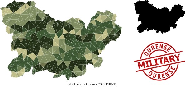 Low-Poly mosaic map of Ourense Province, and textured military stamp print. Low-poly map of Ourense Province is designed of scattered khaki filled triangles.