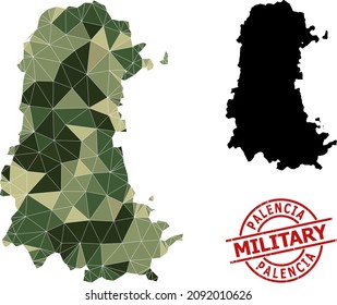 Low-Poly mosaic map of Palencia Province, and rubber military stamp seal. Low-poly map of Palencia Province is combined of scattered khaki colored triangles.