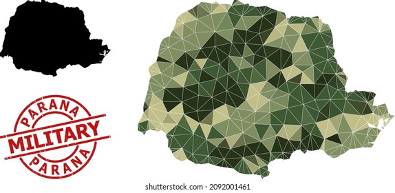 Lowpoly mosaic map of Parana State, and scratched military stamp print. Lowpoly map of Parana State constructed of chaotic camo color triangles.