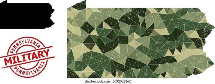 Mapa de mosaico bajo en polaco del estado de Pensilvania, e imitación de estampado militar impuro. Mapa de bajo nivel de pólvora del estado de Pennsylvania construido con triángulos de color camuflaje dispersos.