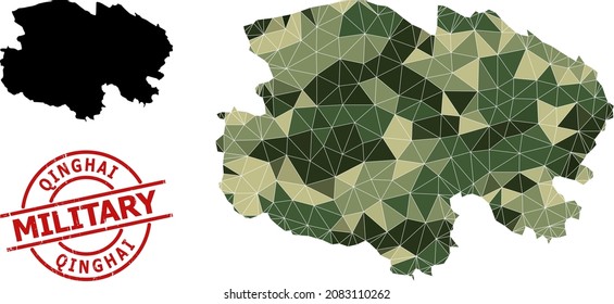 Mapa de mosaicos de bajo contenido de polaco de la provincia de Qinghai, y precinto de goma militar gruesa. Mapa de baja polilla de la provincia de Qinghai está construido con triángulos caóticos llenos de camo.