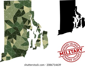 Low-Poly mosaic map of Rhode Island State, and rubber military stamp seal. Low-poly map of Rhode Island State is combined of random camo colored triangles.