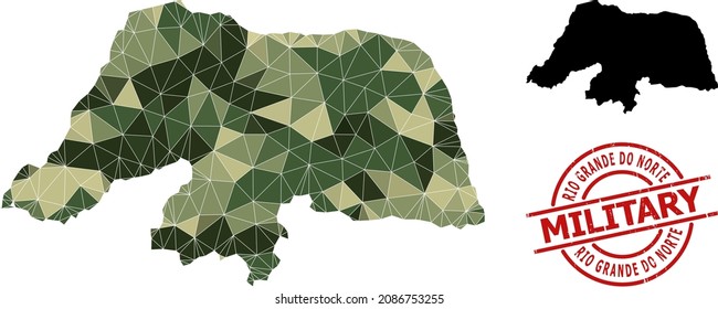 Low-Poly-Mosaik-Karte des Rio Grande do Norte-Staats und raues militärisches Stempelsiegel. Low-Poly-Karte von Rio Grande do Norte Staat, konstruiert mit randomisierten Camo-Farbdreiecken.