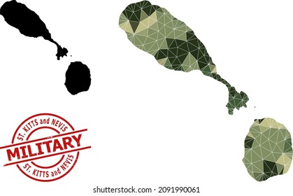 Low-Poly mosaic map of Saint Kitts and Nevis, and textured military watermark. Low-poly map of Saint Kitts and Nevis combined from scattered camo color triangles.