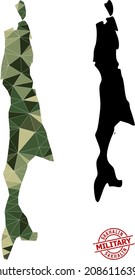Mapa de mosaico de bajo contenido de polillas de la isla de Sakhalin y estampado militar de goma. Mapa de baja densidad de la isla de Sakhalin combinado con triángulos de color de camuflaje aleatorizados.