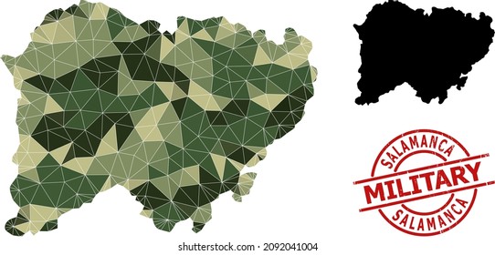 Low-Poly mosaic map of Salamanca Province, and textured military stamp seal. Low-poly map of Salamanca Province constructed with random camo filled triangles.