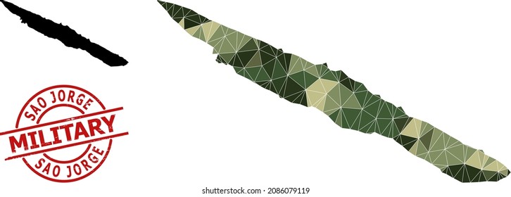 Low-Poly mosaic map of Sao Jorge Island, and distress military stamp imitation. Low-poly map of Sao Jorge Island designed from chaotic khaki color triangles.