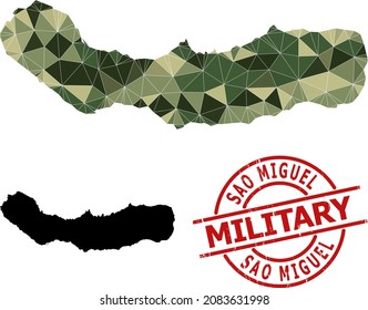 Low-Poly mosaic map of Sao Miguel Island, and textured military stamp seal. Low-poly map of Sao Miguel Island is constructed from random camouflage filled triangles.