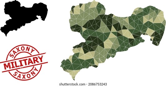Lowpoly mosaic map of Saxony State, and unclean military stamp seal. Lowpoly map of Saxony State constructed of scattered camo color triangles.