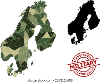 Low-Poly mosaic map of Scandinavia, and unclean military stamp seal. Low-poly map of Scandinavia constructed from chaotic camo color triangles.