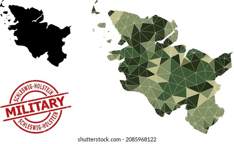 Low-Poly mosaic map of Schleswig-Holstein State, and rough military stamp. Low-poly map of Schleswig-Holstein State combined of random khaki filled triangles.