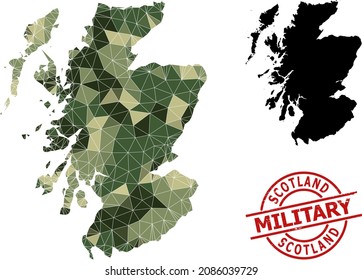 Lowpoly mosaic map of Scotland, and rough military stamp seal. Lowpoly map of Scotland constructed from scattered camo color triangles. Red round stamp for military and army concept illustrations,