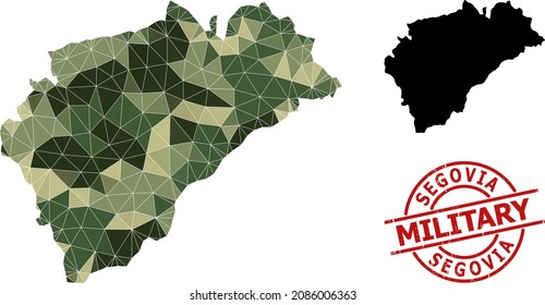 Low-Poly mosaic map of Segovia Province, and distress military stamp seal. Low-poly map of Segovia Province is combined of randomized camo colored triangles.