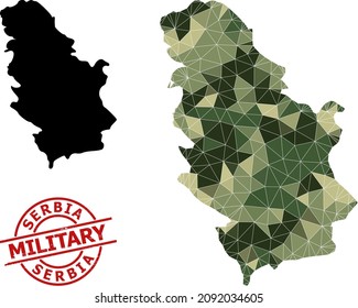 Low-Poly mosaic map of Serbia, and distress military rubber seal. Low-poly map of Serbia is combined from random camo color triangles. Red round stamp for military and army concept illustrations,