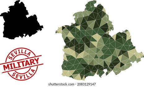 Low-Poly mosaic map of Sevilla Province, and unclean military stamp. Low-poly map of Sevilla Province is designed from randomized camouflage colored triangles.