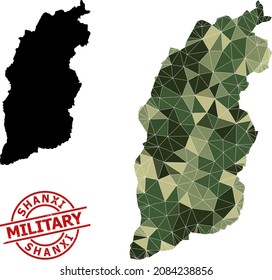 Low-Poly mosaic map of Shanxi Province, and unclean military stamp seal. Low-poly map of Shanxi Province designed from scattered khaki filled triangles.