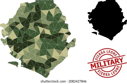 Low-Poly-Mosaik-Karte von Sierra Leone, und unklare militärische Gummi-Siegel. Die Low-Poly-Karte von Sierra Leone wird aus chaotischen Tarndreiecken kombiniert.