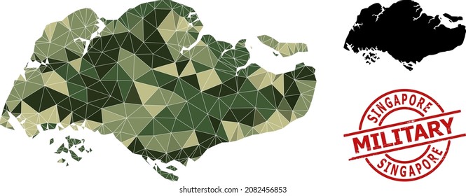 Lowpoly mosaic map of Singapore, and textured military stamp imitation. Lowpoly map of Singapore is designed from random camouflage filled triangles.