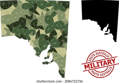 Lowpoly mosaic map of South Australia, and textured military stamp seal. Lowpoly map of South Australia combined from scattered camo filled triangles.