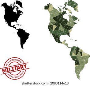 Mapa de mosaicos de bajo contenido de póliza de América del Sur y del Norte, e imitación de sellos militares aproximados. Mapa de baja polilla de América del Sur y del Norte diseñado a partir de triángulos caóticos de color de camo.