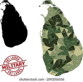 Low-Poly mosaic map of Sri Lanka, and rubber military rubber seal. Low-poly map of Sri Lanka is combined with randomized camo colored triangles.
