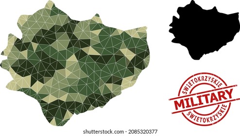 Low-Poly mosaic map of Swietokrzyskie Province, and unclean military stamp. Low-poly map of Swietokrzyskie Province is designed from randomized camo color triangles.