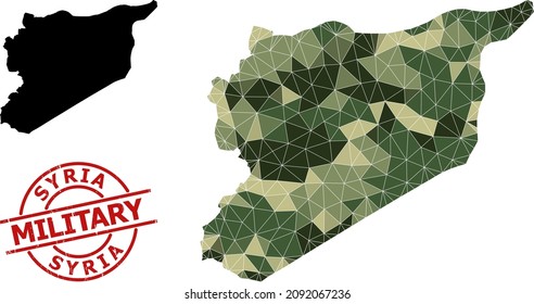 Low-Poly-Mosaik-Karte von Syrien und raues militärisches Abzeichen. Low-Poly-Karte von Syrien ist aus zufälligen khaki gefärbten Dreiecken entworfen. Roter Rundstempel für konzeptionelle Illustrationen von Militär und Armee,