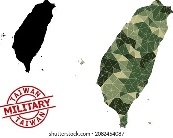 Low-Poly mosaic map of Taiwan, and scratched military seal. Low-poly map of Taiwan constructed of chaotic camo filled triangles. Red round stamp for military and army conceptual illustrations,