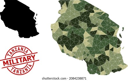 Low-Poly mosaic map of Tanzania, and rubber military stamp seal. Low-poly map of Tanzania designed from chaotic camo filled triangles. Red round stamp for military and army concept illustrations,