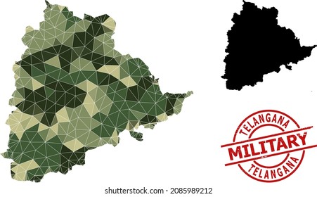 Low-Poly mosaic map of Telangana State, and rough military stamp imitation. Lowpoly map of Telangana State designed from chaotic camo color triangles.