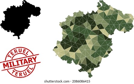 Low-Poly mosaic map of Teruel Province, and scratched military stamp print. Low-poly map of Teruel Province constructed from scattered camouflage filled triangles.