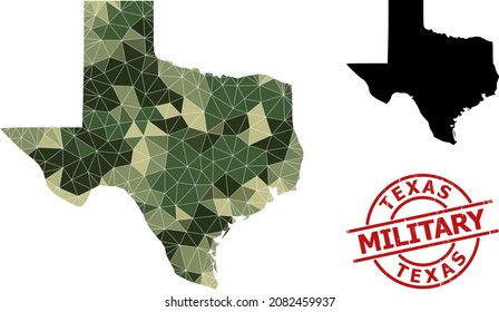 Lowpoly mosaic map of Texas State, and scratched military stamp print. Lowpoly map of Texas State is designed from chaotic camo colored triangles.