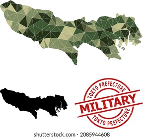 Low-Poly mosaic map of Tokyo Prefecture, and unclean military badge. Low-poly map of Tokyo Prefecture is designed from random camouflage colored triangles.