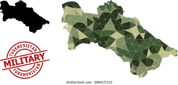 Low-Poly mosaic map of Turkmenistan, and rough military watermark. Low-poly map of Turkmenistan designed with randomized khaki filled triangles.