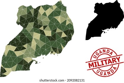 Low-Poly mosaic map of Uganda, and unclean military stamp. Low-poly map of Uganda is constructed with random camouflage filled triangles. Red round stamp for military and army concept illustrations,