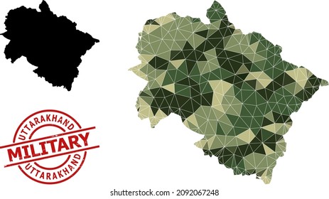 Low-Poly mosaic map of Uttarakhand State, and textured military stamp seal. Low-poly map of Uttarakhand State is constructed with randomized camo colored triangles.