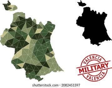 Low-Poly mosaic map of Valencia Province, and rough military stamp print. Low-poly map of Valencia Province combined from random camo filled triangles.