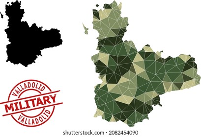 Lowpoly mosaic map of Valladolid Province, and textured military stamp imitation. Lowpoly map of Valladolid Province is combined of scattered camo color triangles.