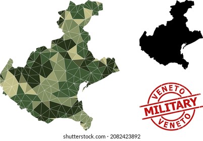 Low-Poly mosaic map of Veneto region, and rubber military stamp imitation. Low-poly map of Veneto region is designed from random camo colored triangles.