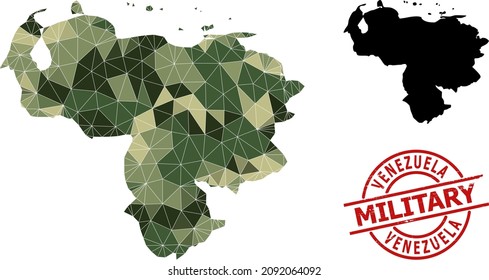 Low-Poly mosaic map of Venezuela, and grunge military stamp imitation. Low-poly map of Venezuela is designed from random camouflage colored triangles.