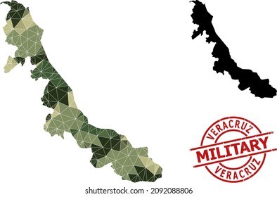 Mapa de mosaicos de bajo contenido de póliza del estado de Veracruz, y estampado militar grueso. Mapa de bajo nivel de polos del estado de Veracruz diseñado con triángulos de color de camo aleatorizados.