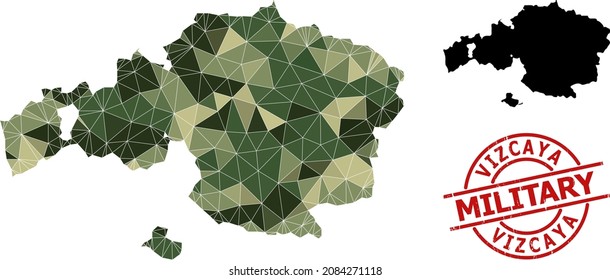 Lowpoly mosaic map of Vizcaya Province, and unclean military stamp imitation. Lowpoly map of Vizcaya Province combined with scattered khaki colored triangles.
