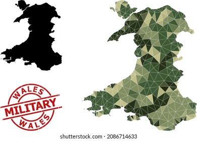 Low-Poly mosaic map of Wales, and distress military stamp print. Low-poly map of Wales is combined from randomized khaki color triangles. Red round stamp for military and army abstract illustrations,